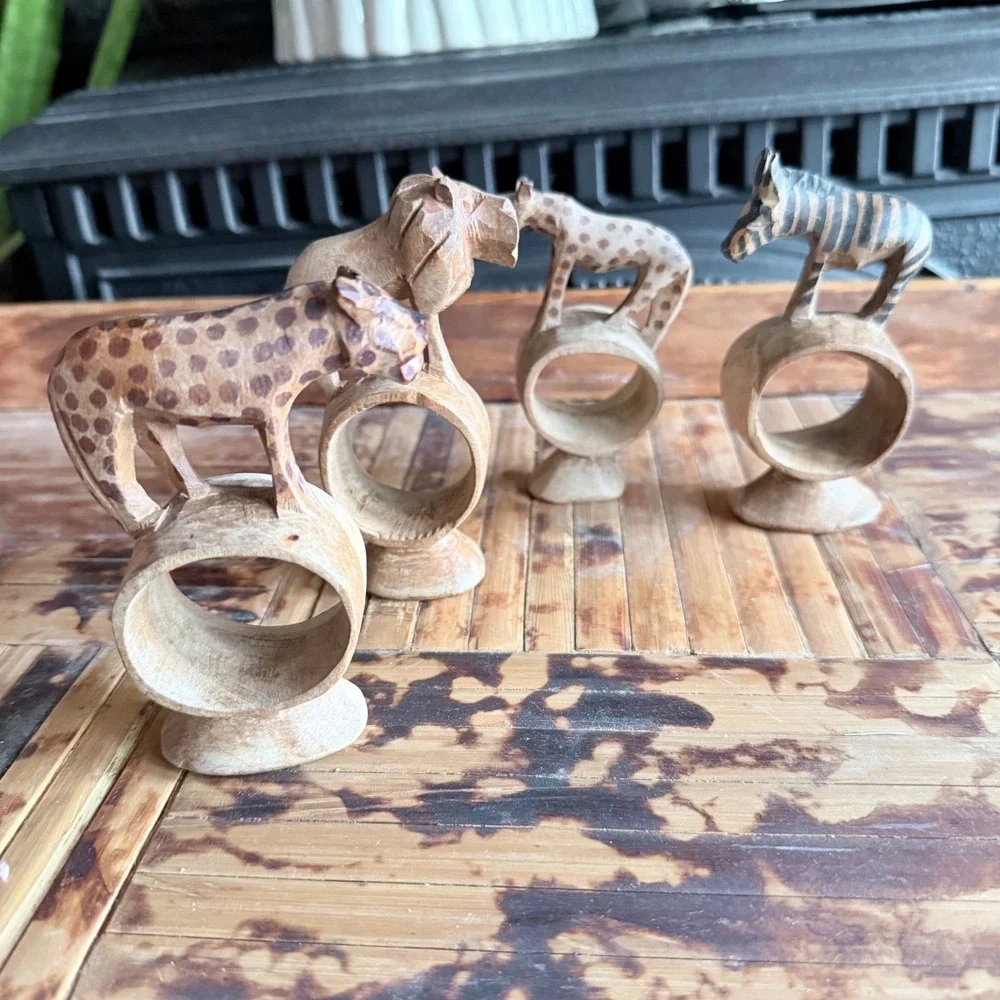 Set of 4 Hand-Carved Wooden Safari Animal Napkin Rings - Folk Art